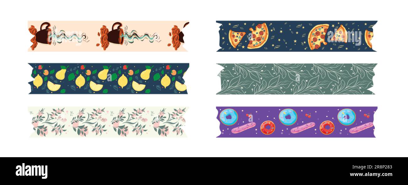 https://c8.alamy.com/comp/2R8P283/tape-adhesive-sticker-cute-scrapbook-paper-vector-isolated-sticky-strip-pattern-label-set-with-torn-edge-pizza-donut-flowers-leaves-and-coffee-bo-2R8P283.jpg