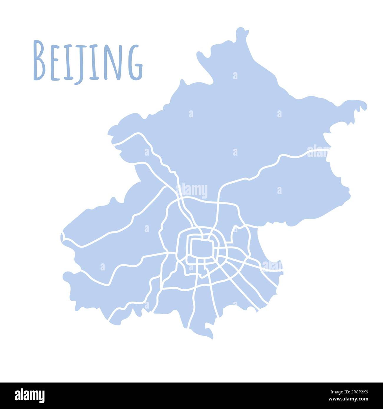 Beijing map silhouette administrative division, vector map isolated on white background. boundary map with streets. High detailed illustration. Stock Vector