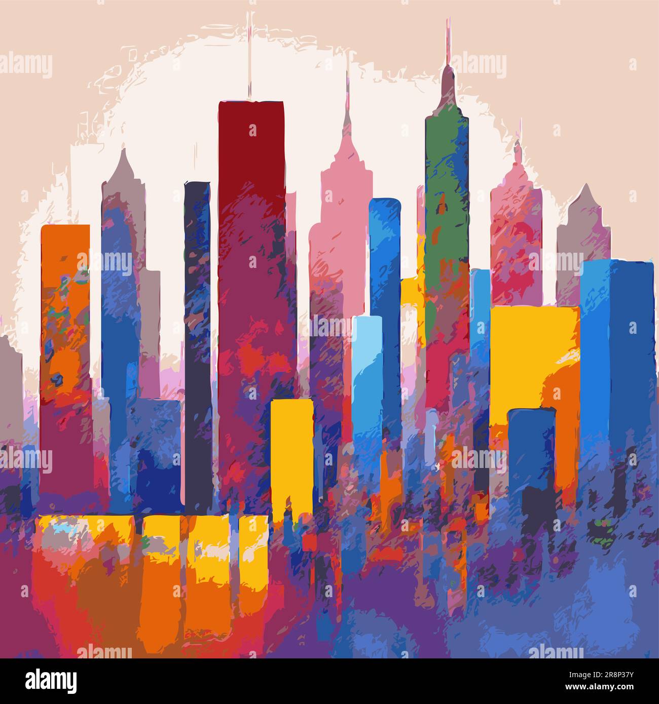 Vector Modern Abstract Geometric Illustration Painting Town Skyline Multiple Colors Expressive Cubism Stock Vector