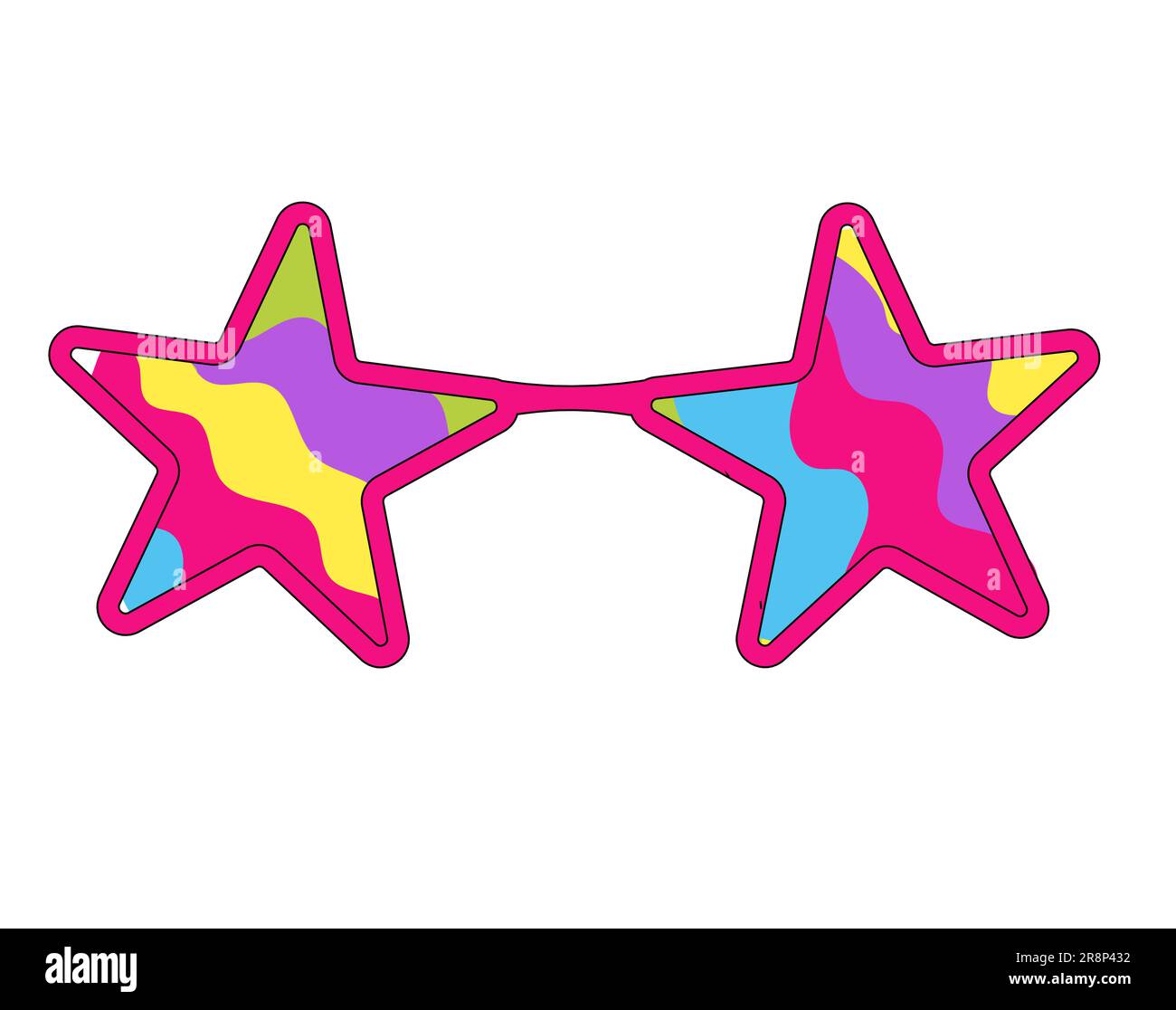 Colored doodle sunglasses in 1970 vibe style. Groovy hippie aesthetics in star form with rainbow. Vector illustration isolated on white background Stock Vector