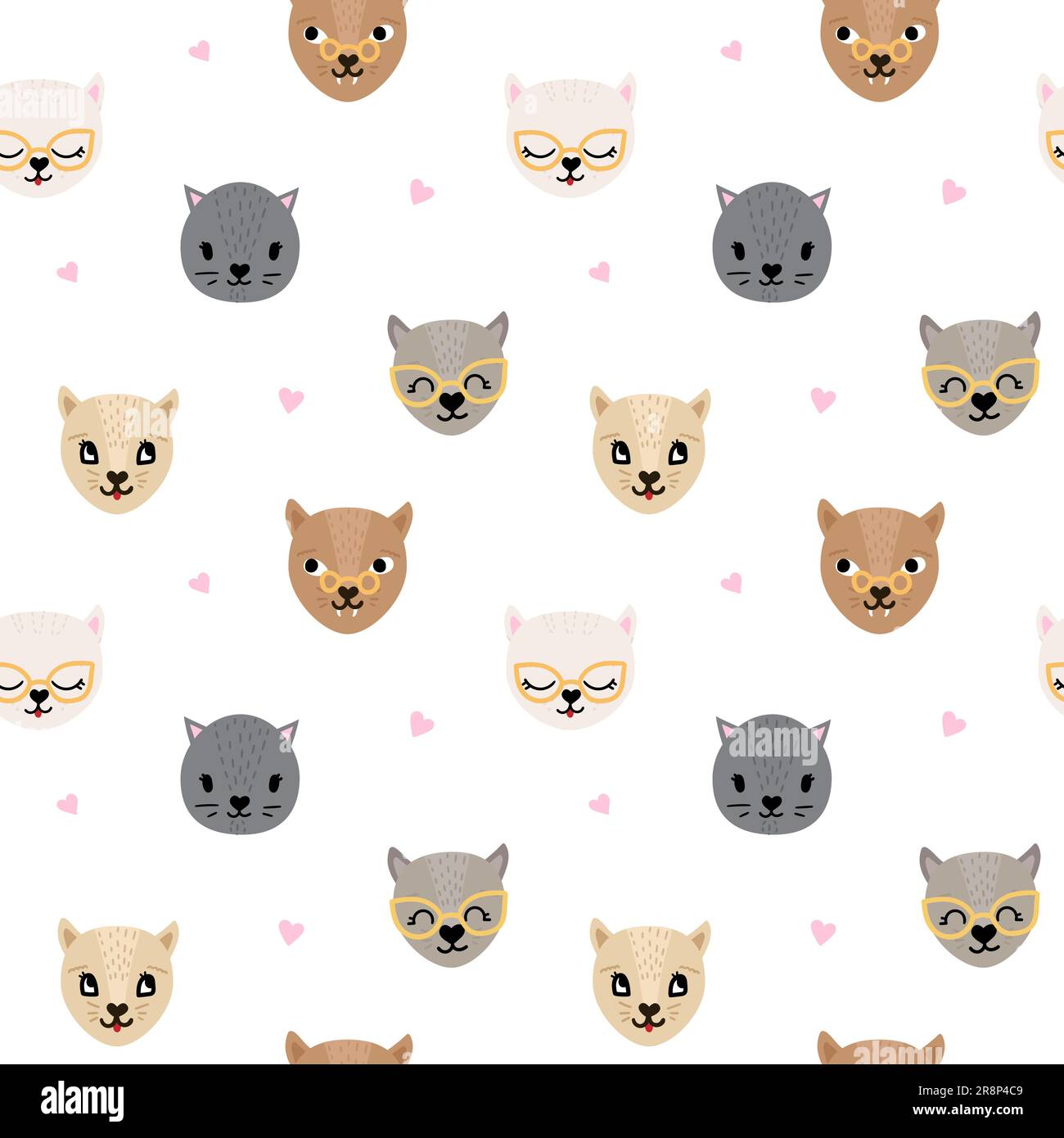 Cute seamless pattern with hand drawn funny cats and hearts. Childish ...
