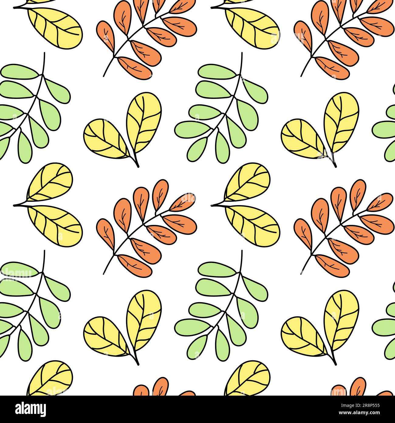 Colored Hand drawn floral seamless pattern with doodle leaves of ...