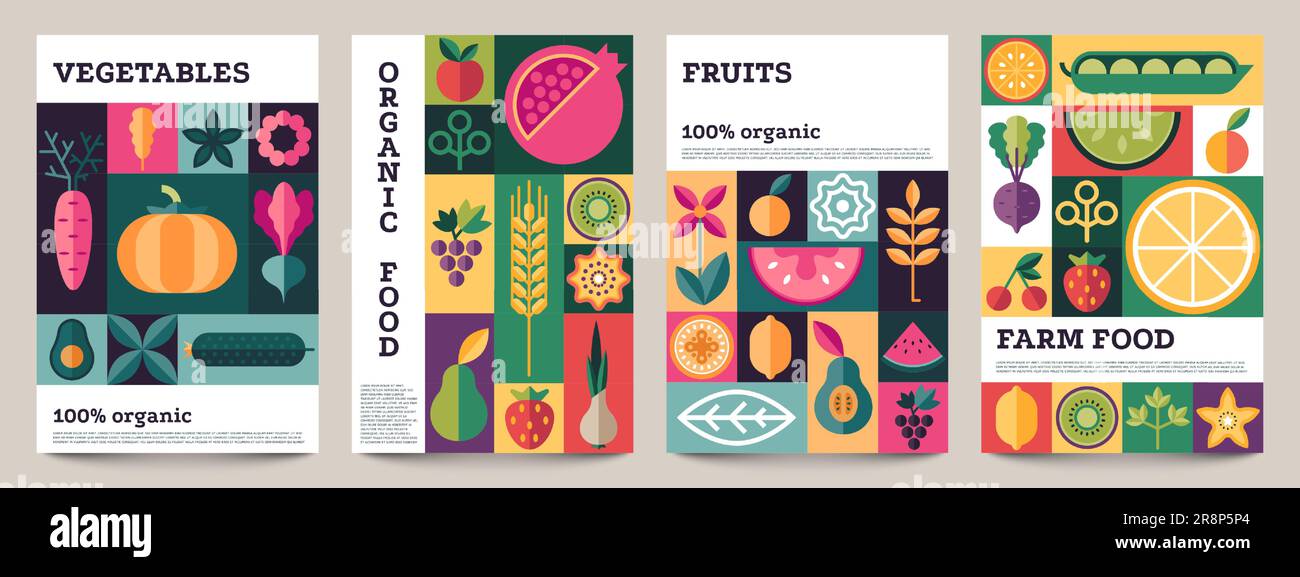 Organic food geometric poster. Minimal abstract layout of nature organic vegetables for food label or package. Vector vegan brochure cover collection Stock Vector