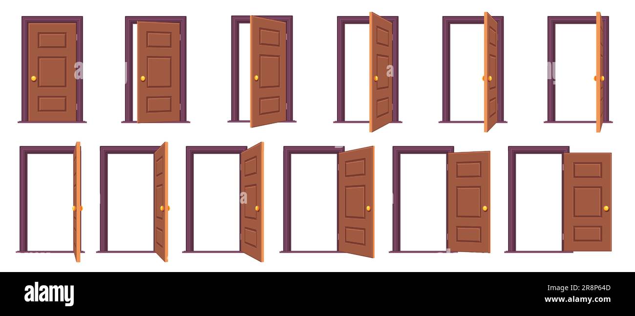 Open door sequence. Cartoon steps for animation of entrance and exit