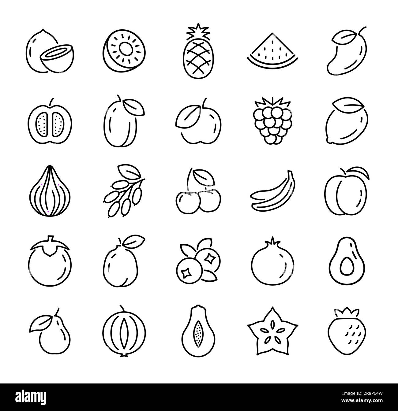 Fruit line icon isolated tropical food. Linear healthy outline apple ...