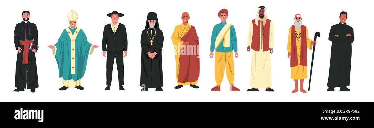 Religion characters. Different religious church leaders, buddhist monk christian priest rabbi judaist muslim mullah, faith. Cartoon vector set of reli Stock Vector