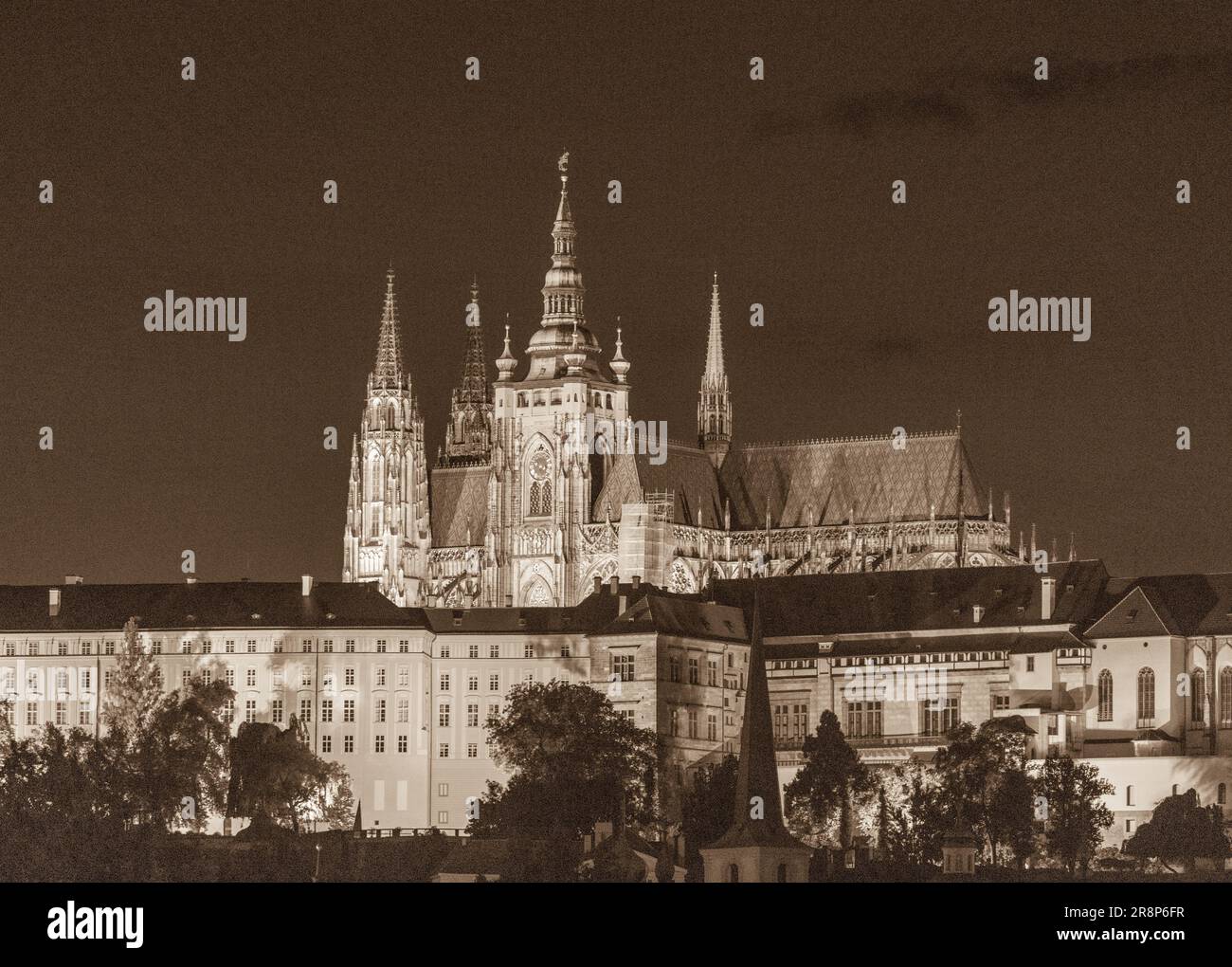 PRAGUE, CZECH REPUBLIC, EUROPE - Prague skyline at night with Prague Castle and St. Vitus Cathedral in the Castle District. Stock Photo