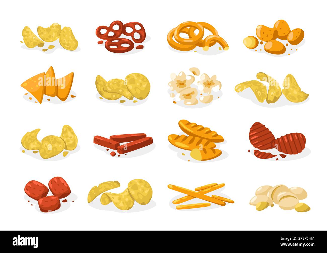 Salty snacks collection. Crunchy crackers, fried appetizers and baked snacks,  nachos chips pretzels. Vector fast food isolated set of collection crunc  Stock Vector Image & Art - Alamy
