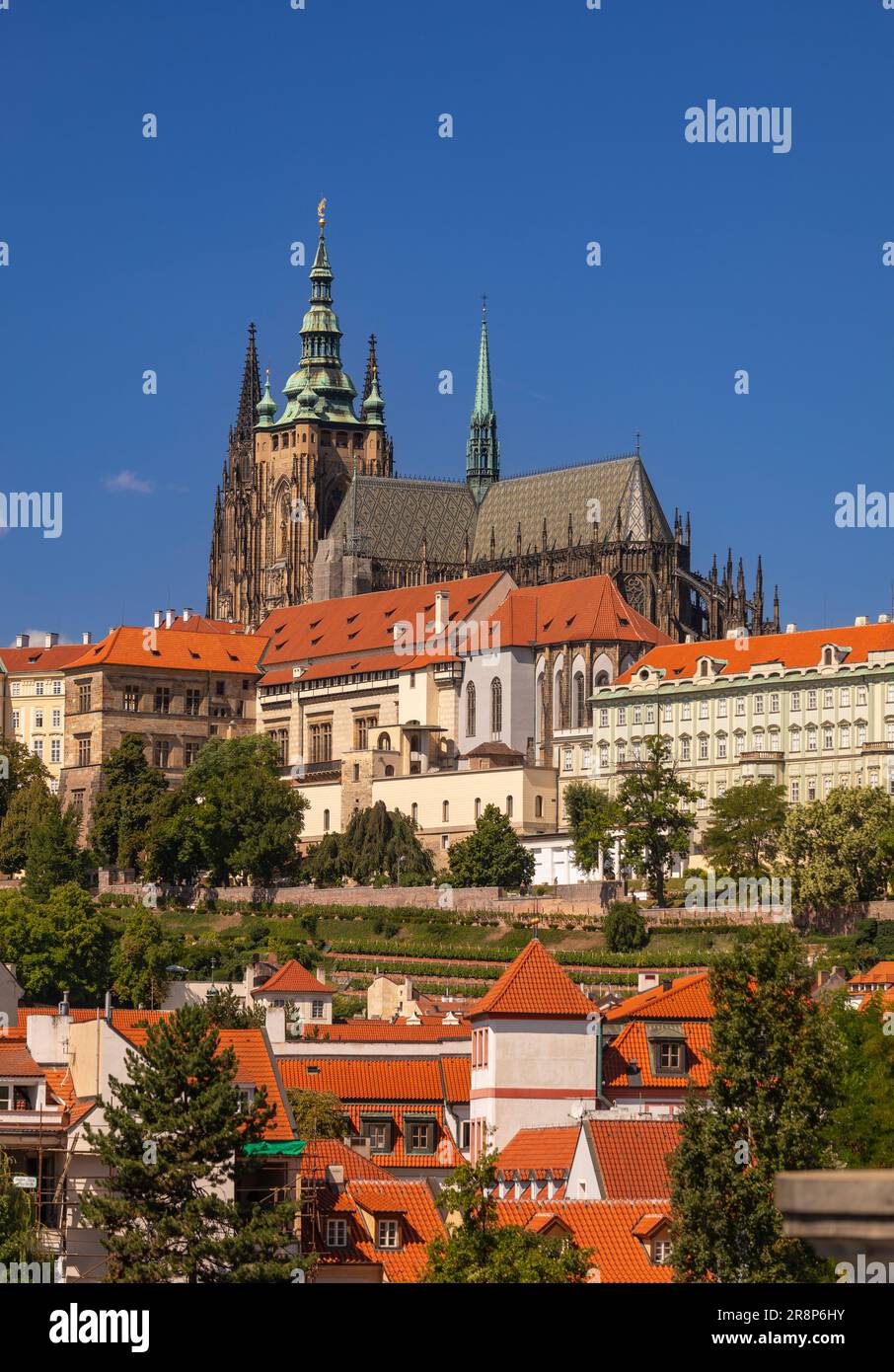 PRAGUE, CZECH REPUBLIC, EUROPE - St. Vitus Cathedral at Prague Castle, rises above Hradcany neighborhood. Stock Photo