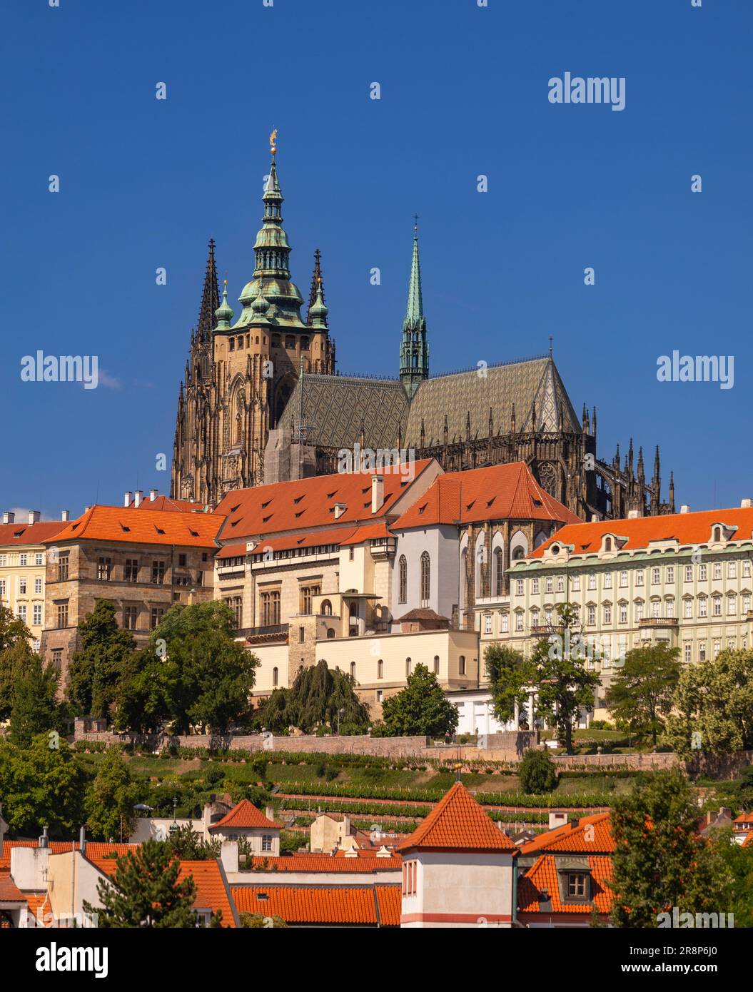 PRAGUE, CZECH REPUBLIC, EUROPE - St. Vitus Cathedral at Prague Castle, rises above Hradcany neighborhood. Stock Photo