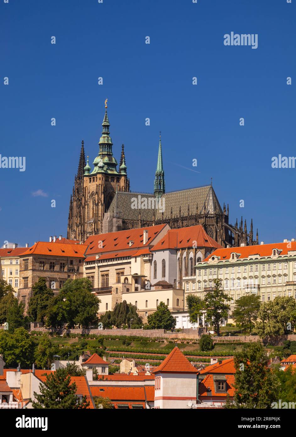 PRAGUE, CZECH REPUBLIC, EUROPE - St. Vitus Cathedral at Prague Castle, rises above Hradcany neighborhood. Stock Photo