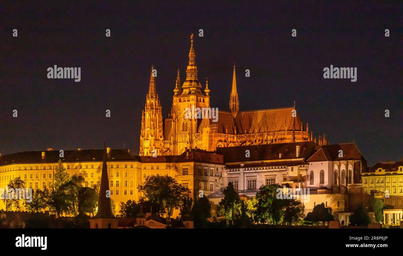 PRAGUE, CZECH REPUBLIC, EUROPE - Prague skyline at night with Prague Castle and St. Vitus Cathedral in the Castle District. Stock Photo