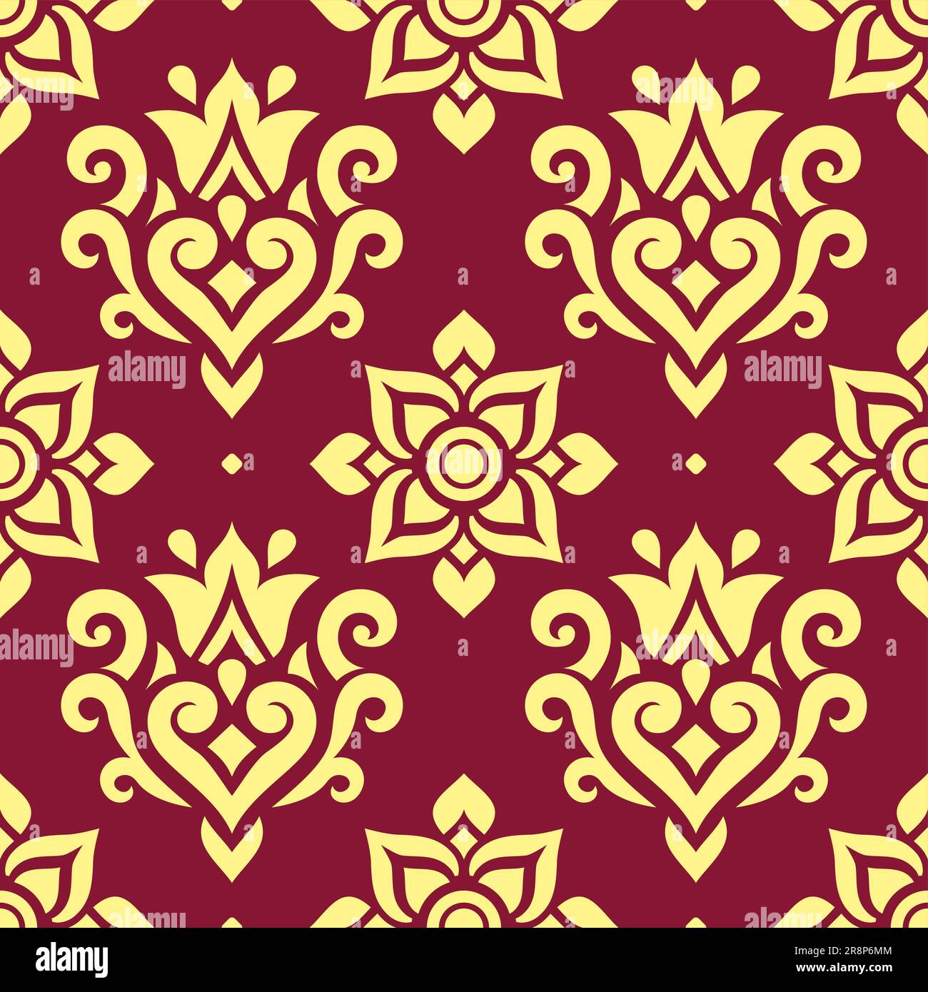 Thai vector seamless pattern with flowers, hearts and swirls, traditional ornament from Thailand in yellow on brown background Stock Vector