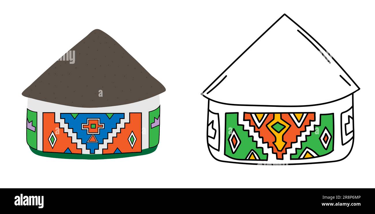 Hand drawn doodle african national hut. Ndebele tribal dwelling. Simple thatched roof and walls with ethnic patterns. Coloring pages. Vector illustrat Stock Vector