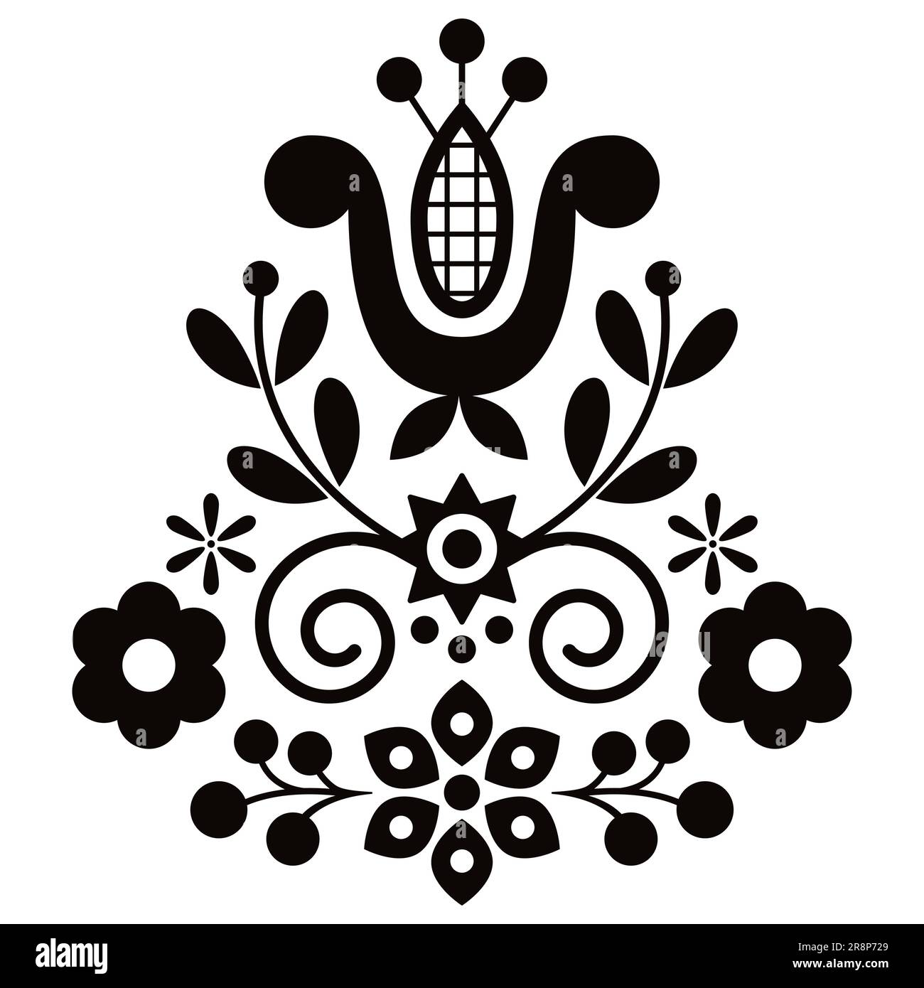 Polish cute folk art vector design wtih flowers and leaves - greeting card or wedding invitation ornament in black and white Stock Vector