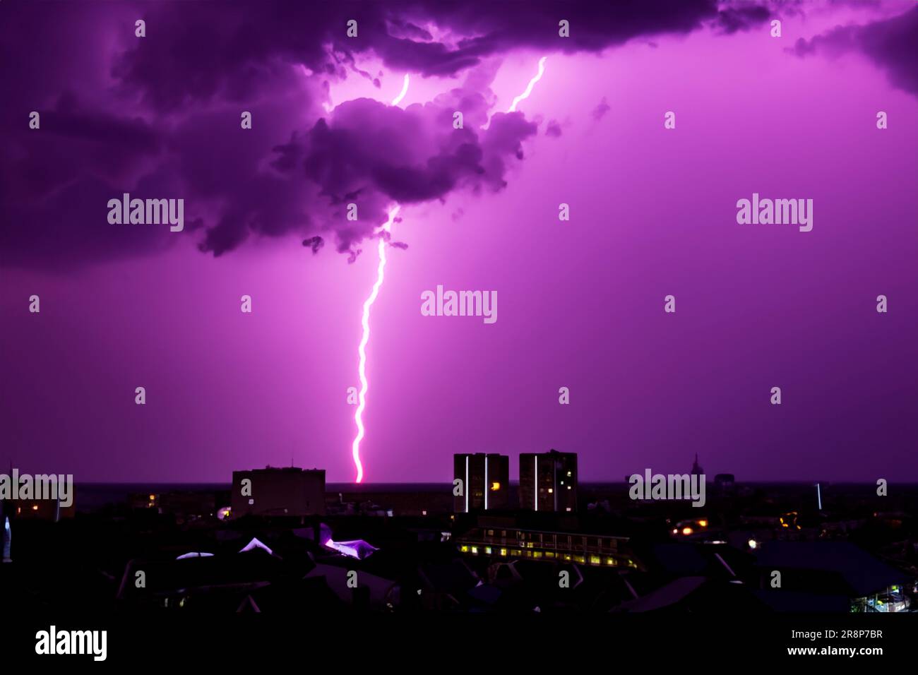 Ray. Lightning storm. Lightning bolt storm. Fork lightning striking