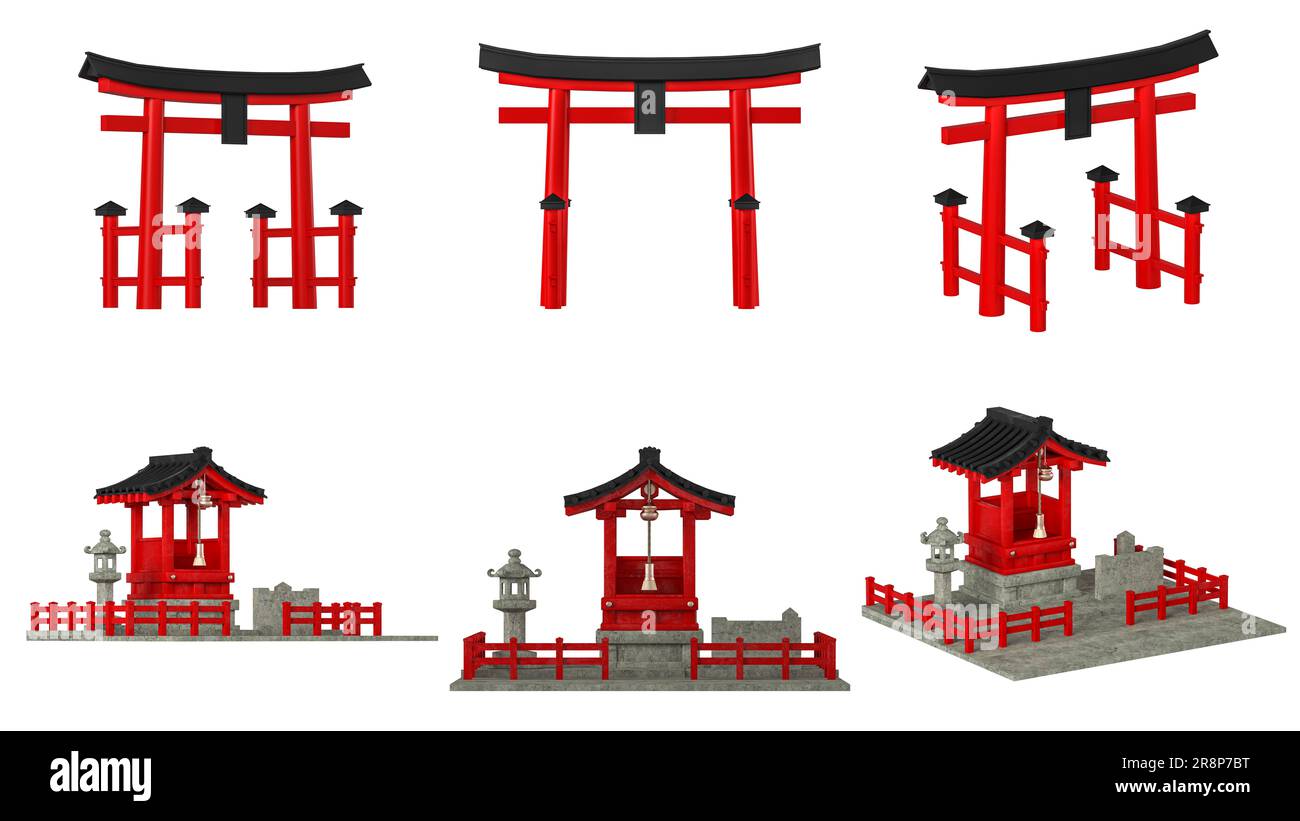 Japanese gateway Torii and Japanese shrine isolated with CLIPPING PATH, 3d rendering Stock Photo