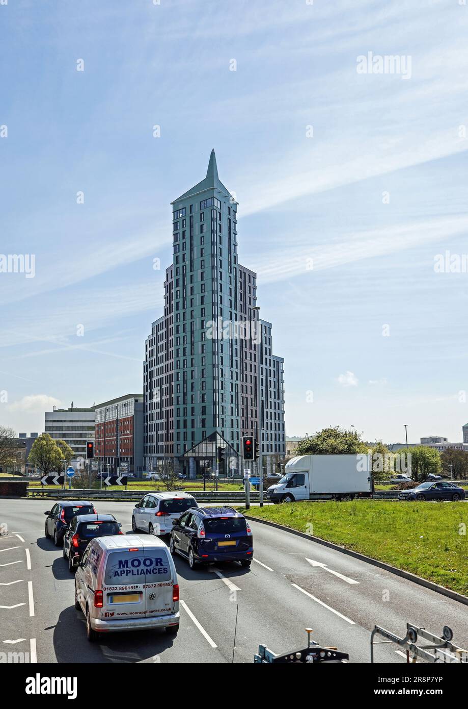High viewpoint of North Cross Roundabout in Plymouth with the high rise Beckley Point student accommodation block the centre of focus. Upright image Stock Photo