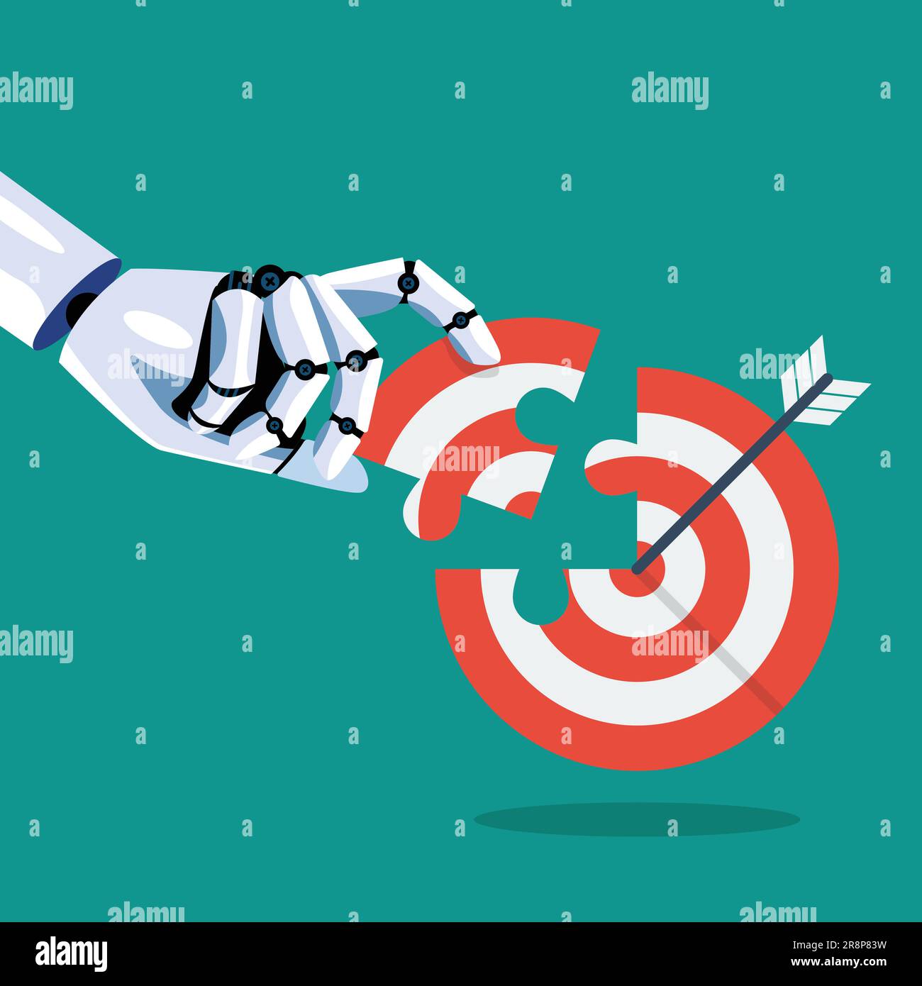 Hand inserts the missing puzzle in target. Business concept Stock Vector