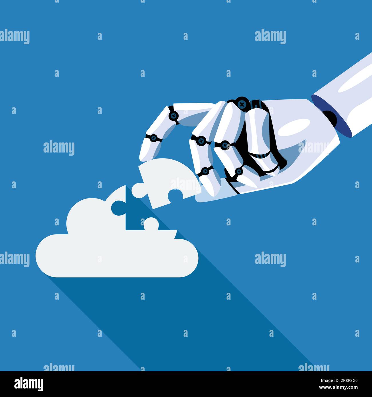 Robot inserts the missing puzzle in cloud. Concept of machine learning. Artificial Intelligence. Vector illustration. Technology business concept. Stock Vector