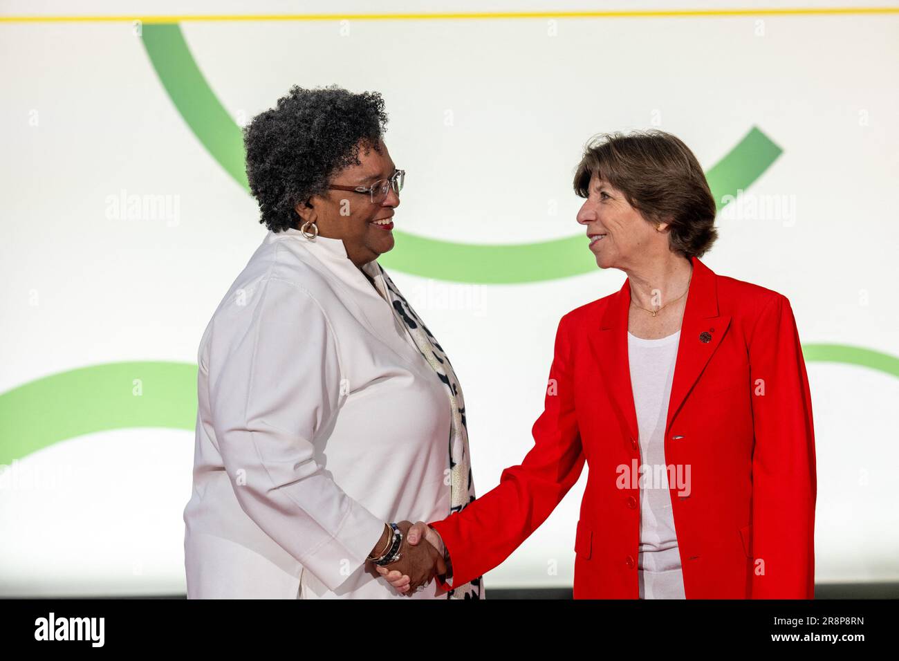 Paris, France. 22nd June, 2023. French Minister of Foreign Affairs Catherine Colonna (right) receives Prime Minister of Barbados (Barbade) Mia Mottley at the ‘New Global Financing Pact' summit, at Palais Brognart, in Paris, France, on June 22, 2023. Photo by Ammar Abd Rabbo/ABACAPRESS.COM Credit: Abaca Press/Alamy Live News Stock Photo