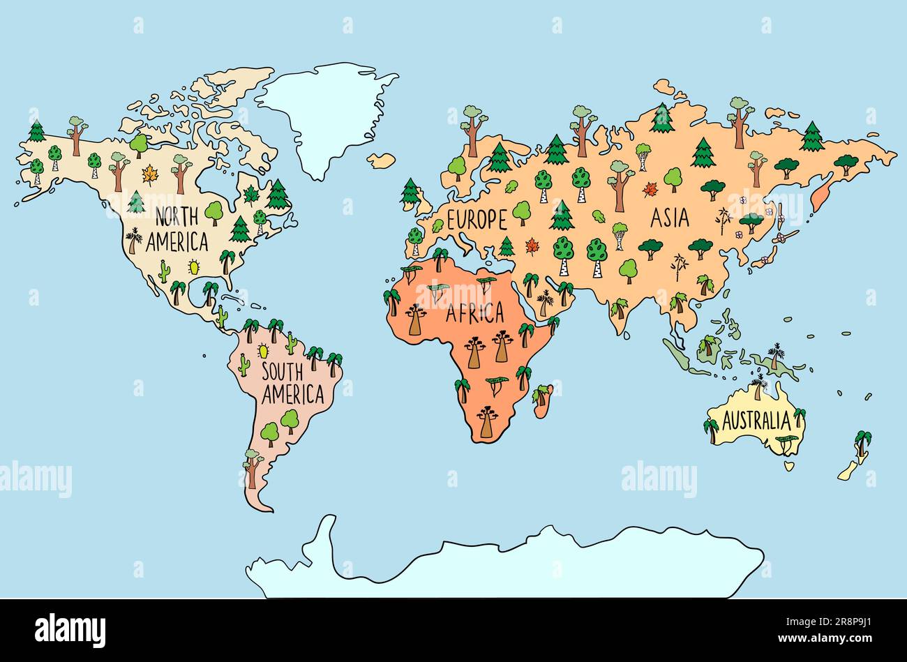 Colored Hand drawn doodle map with trees. Maple tree, pine, birch, palm