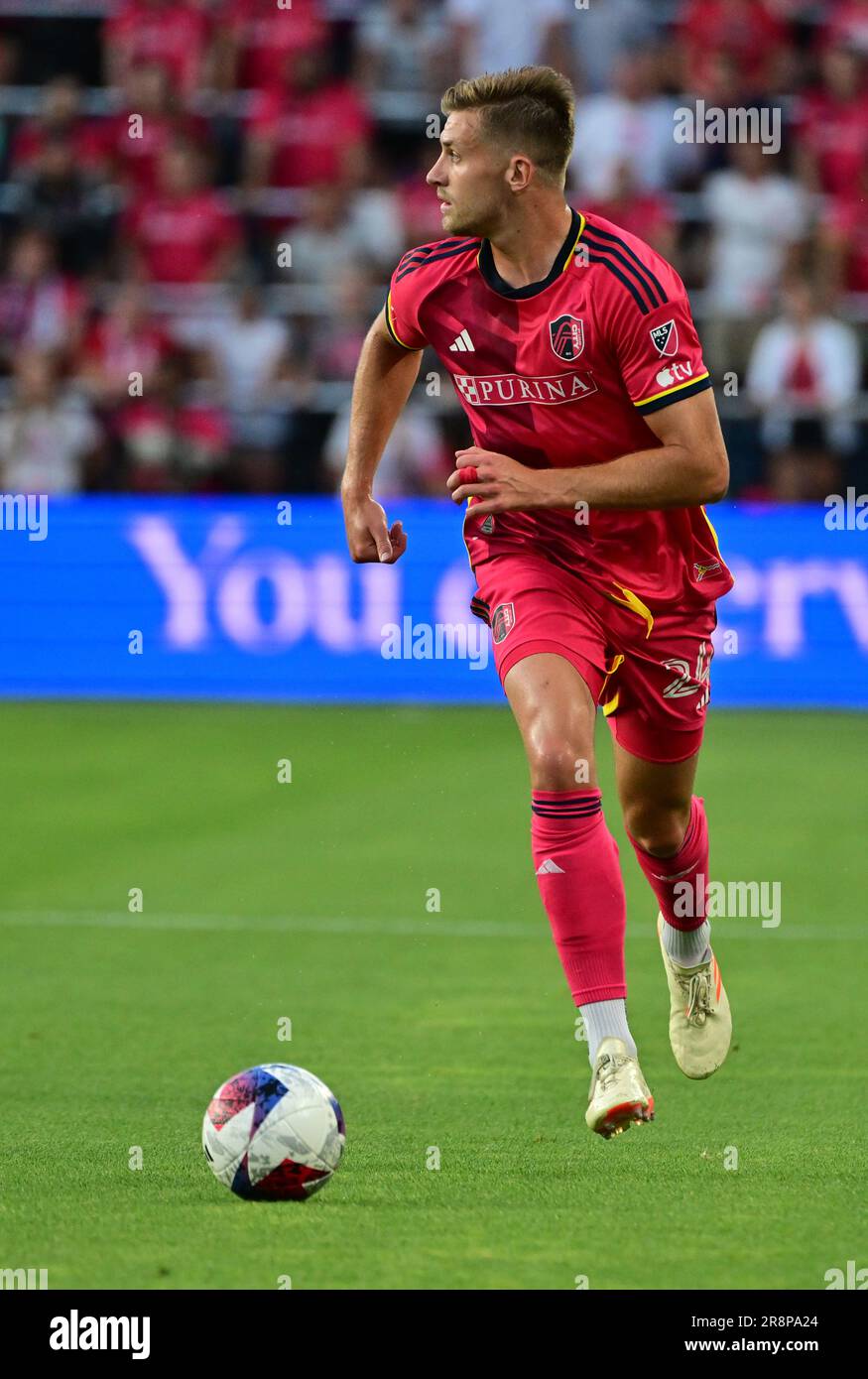St. Louis City defender Lucas Bartlett (24) moves the ball downfield. STL City played Real Salt Lake in a Major League Soccer game on June 21, 2023 at CITY Park Stadium in St. Louis, MO, USA.   Photo by Tim Vizer/Sipa USA Stock Photo