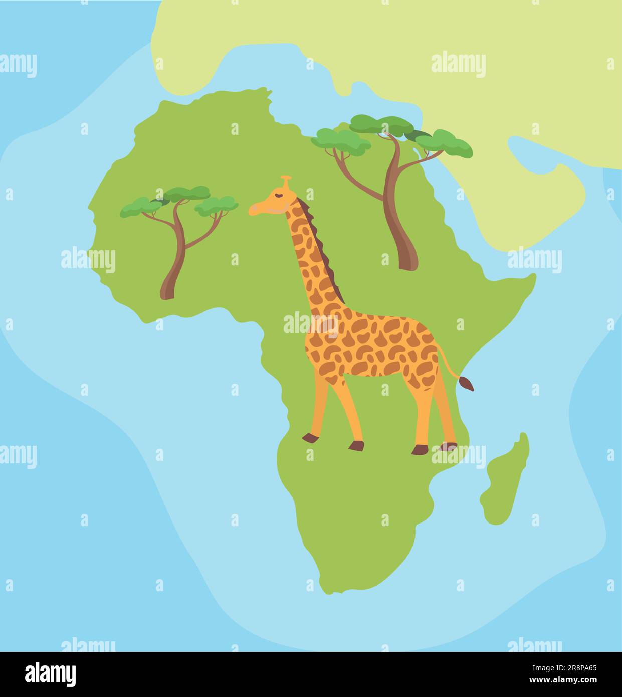 Cartoon hand drawn illustrated map of Africa with giraffe and acacia tree Madagascar island. on colored background. Vector illustration Stock Vector