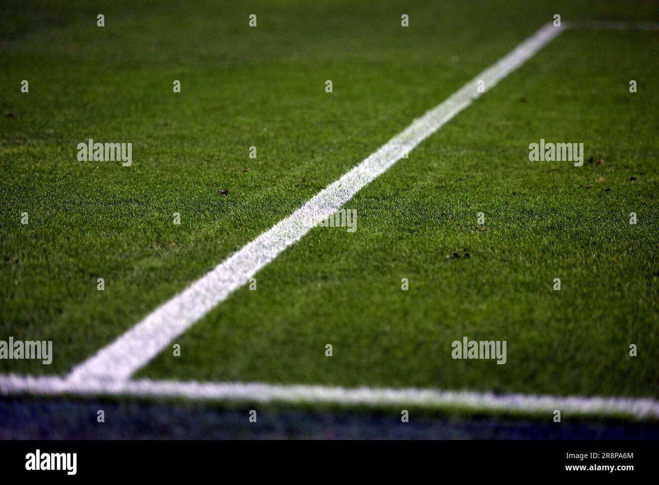 whithe lines on the green field of the San Siro football stadium Stock Photo