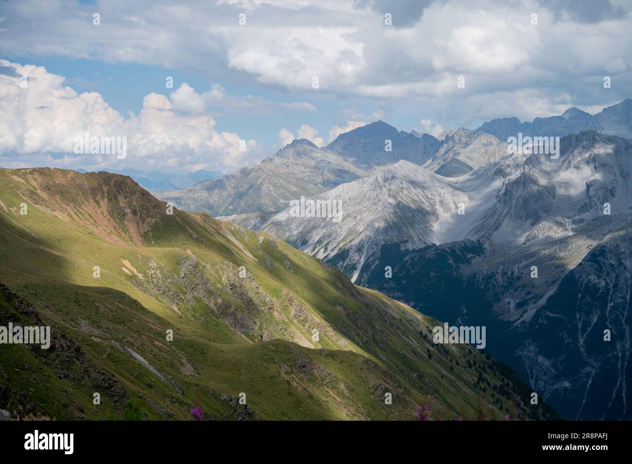 Italian mountains seen from Bormio, the small mountain top town at the top of the Stelvio Pass from Italy into Switzerland Stock Photo