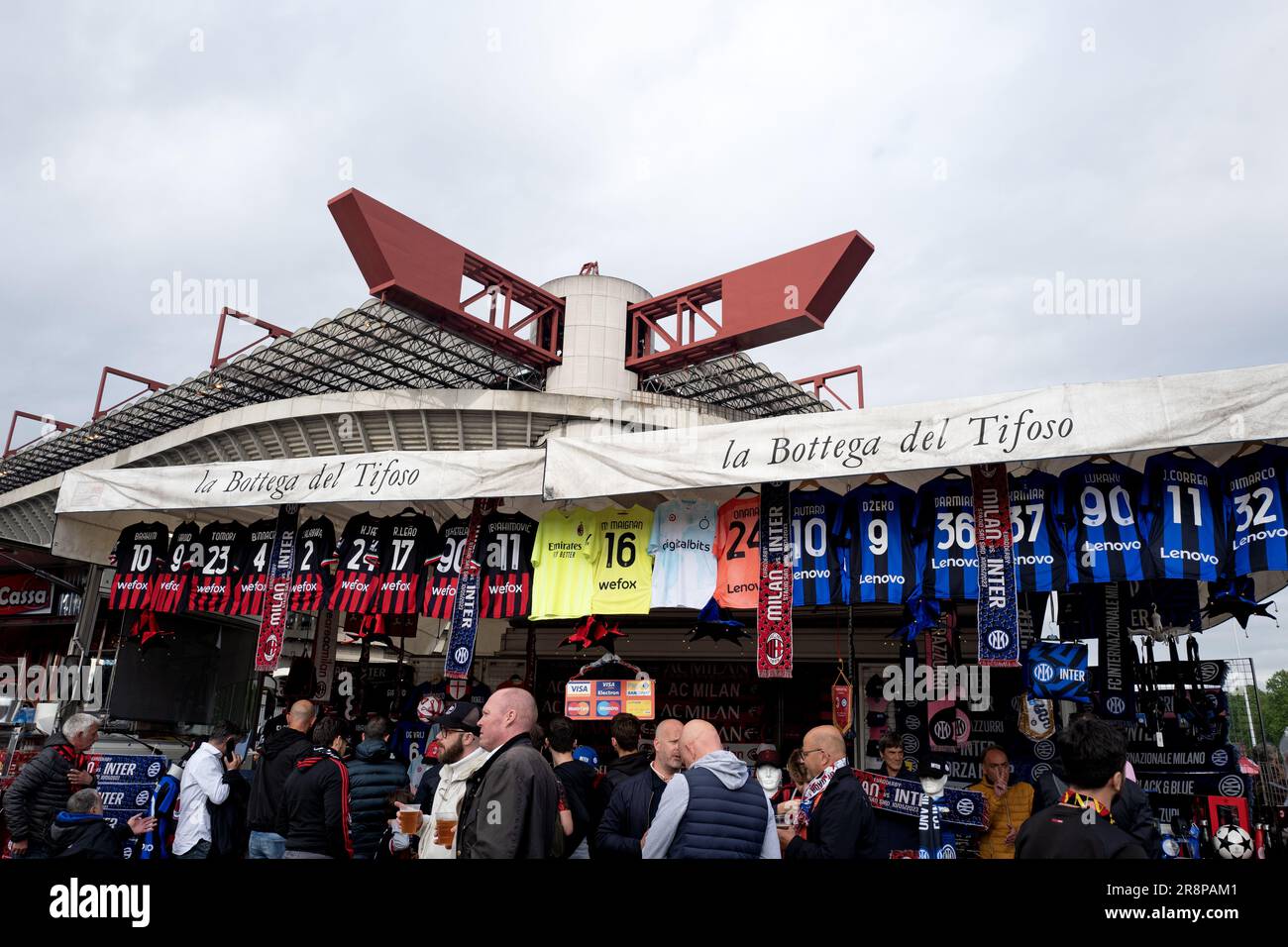 AC Milan and Inter Milan's merchandising for sale outside the San Siro stadium before the UEFA Champions League's semifinal Stock Photo