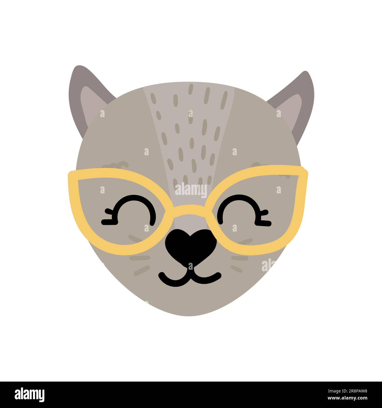 Cute hand drawn cat. Colored animal s face with nice elements, whiskers, eyes in sunglasses. Vectir illustration isolated on white Stock Vector