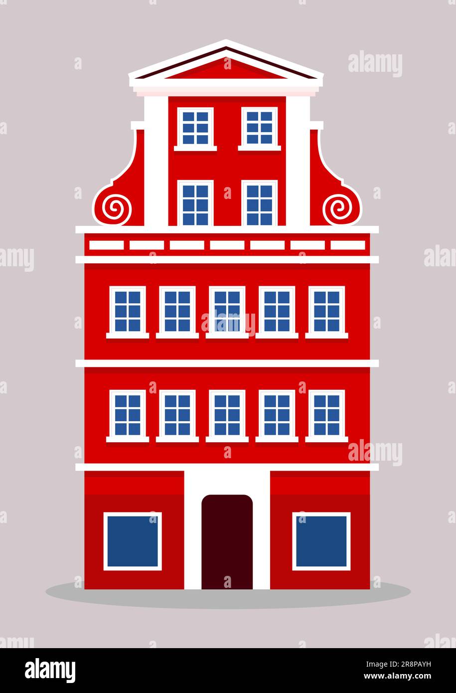 european colorful old house. Dutch style. red and white historic facade. Traditional architecture of Netherlands or Poland. Vector illustration flat c Stock Vector