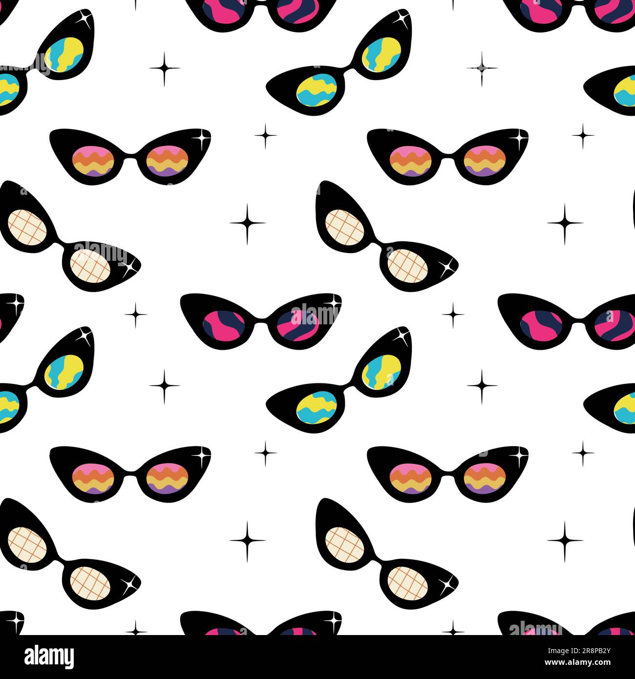 Seamless pattern with psychedelic sunglasses in style of 1970s. Cat form Retro groovy graphic elements of glasses with rainbow, lines and waves. Hippi Stock Vector