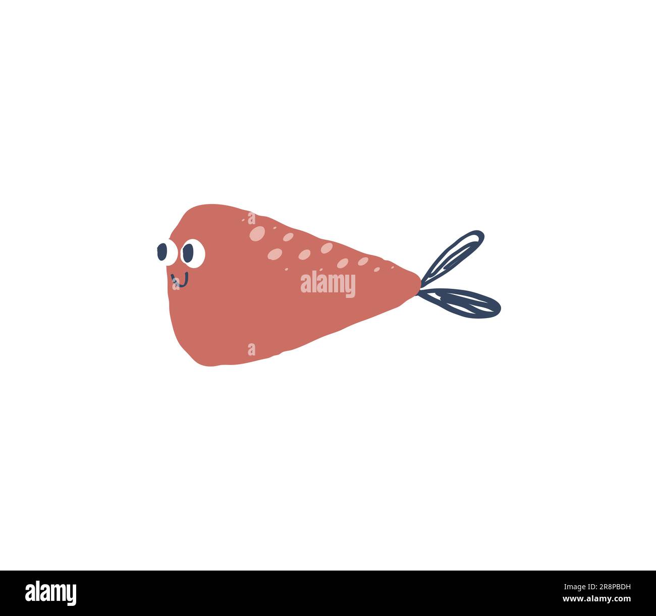 Cute hand drawn fish. Red animal with pink dots and blue tail