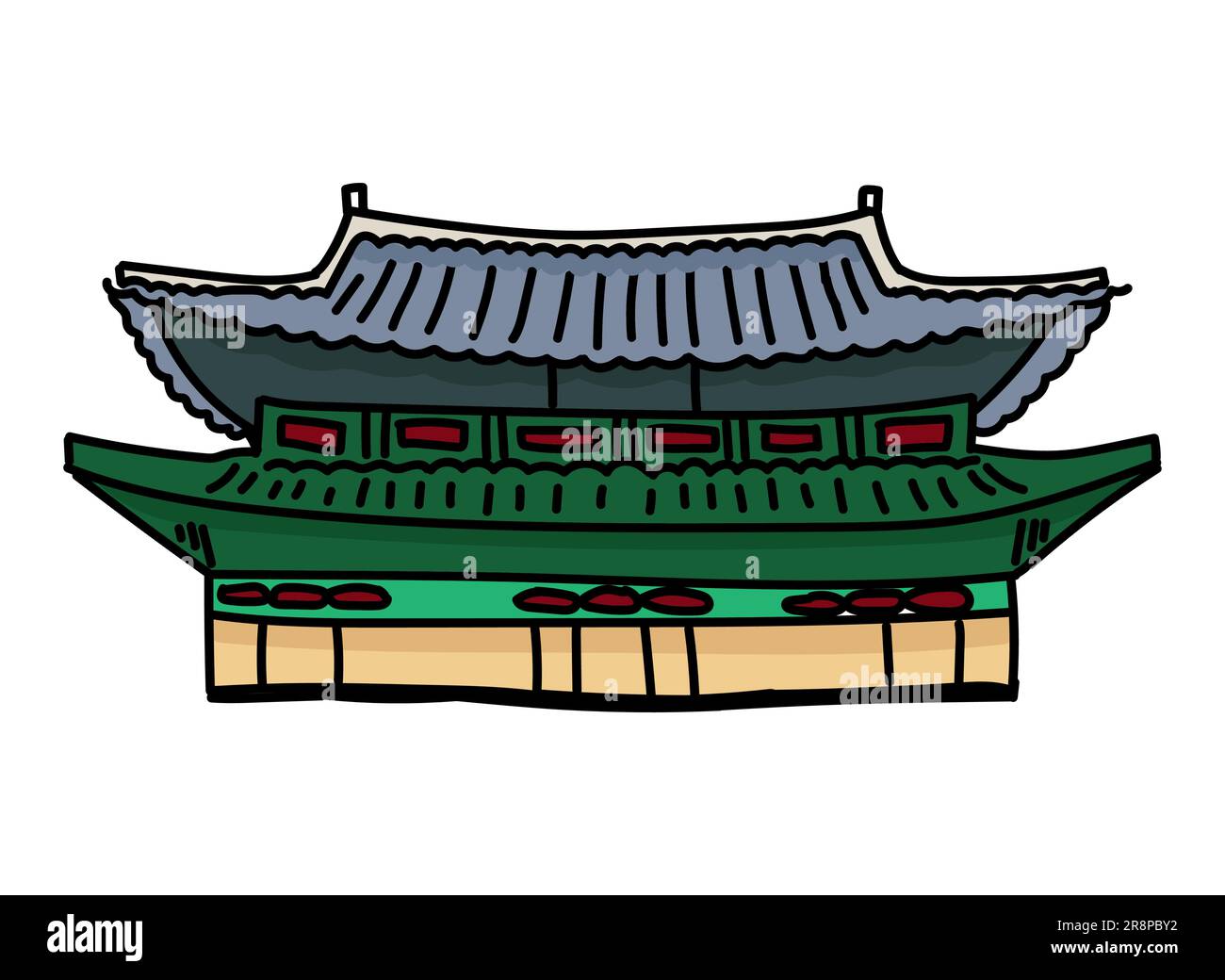 Traditional Korean temple design element collection. Colored religious building with shadows. Vector illustration isolated on white Stock Vector