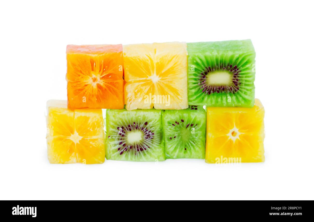 Tropical fruits cubes. kiwi, orange, grapefruit cube shape, smoothie ...