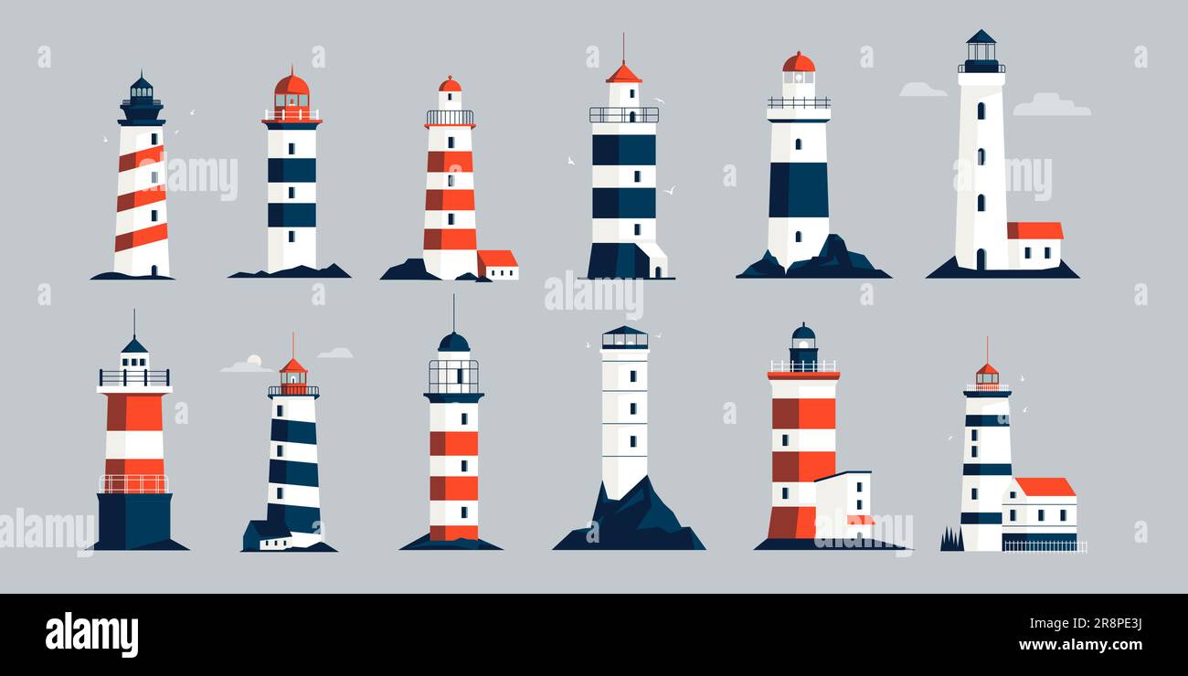 Lighthouses collection. Cartoon nautical navigation light tower