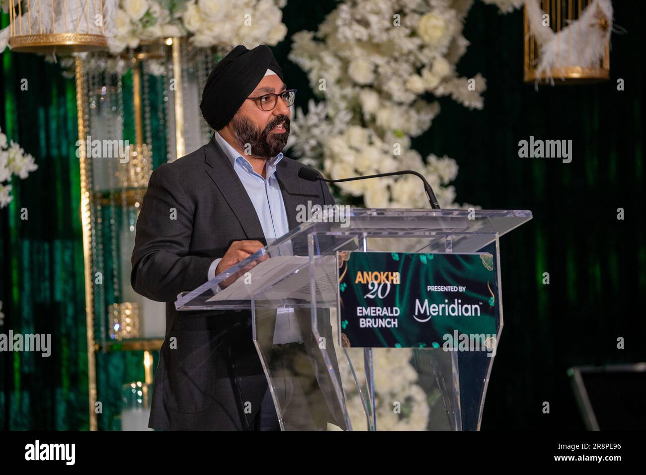 Sunny Sodhi speaks at ANOKHI's 20th anniversary brunch at the Westin Hotel in Toronto. ANOKHI is a renowned media and events company based in Ontario, Canada, with a focus on South Asian culture and lifestyle. ANOKHI has a diverse range of offerings, including digital publications, live events, and awards shows, ANOKHI has become a trusted platform for engaging with and celebrating the vibrant South Asian community in Ontario. Stock Photo