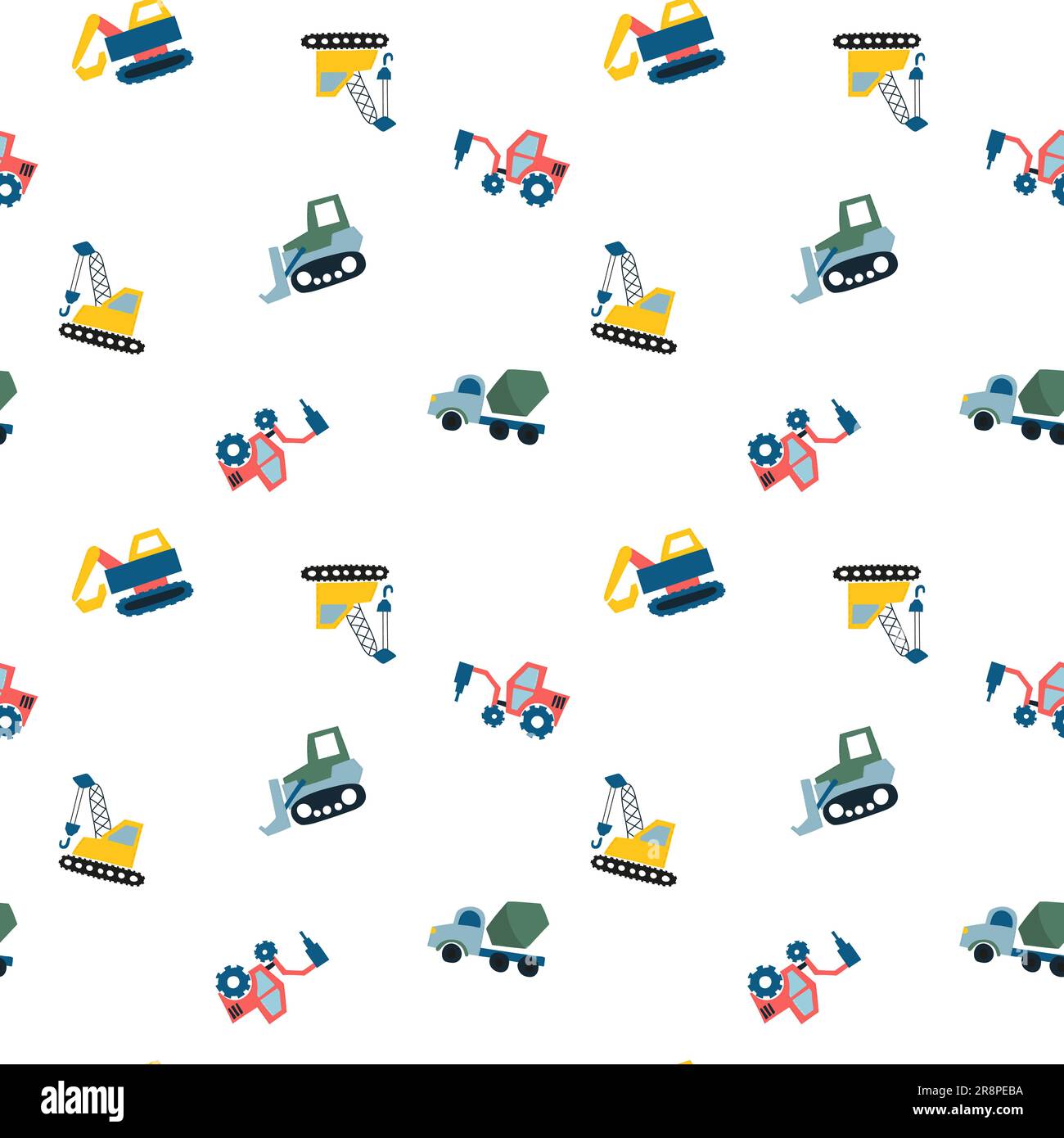 Seamless pattern with Hand drawn cute cars Truck, tractor, cargo crane ...