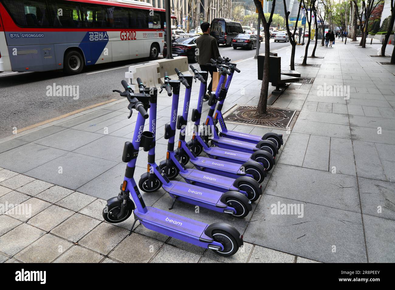 SEOUL, SOUTH KOREA APRIL 7, 2023 Beam escooters for rent parked in Gangnam district of Seoul