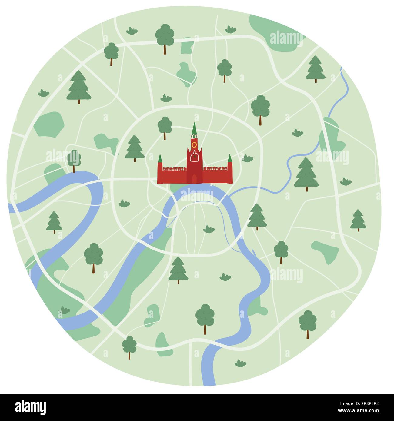 Moscow city center map with famous landmark Kremlin in the middle sketch style. Vector illustration isolated on white Stock Vector