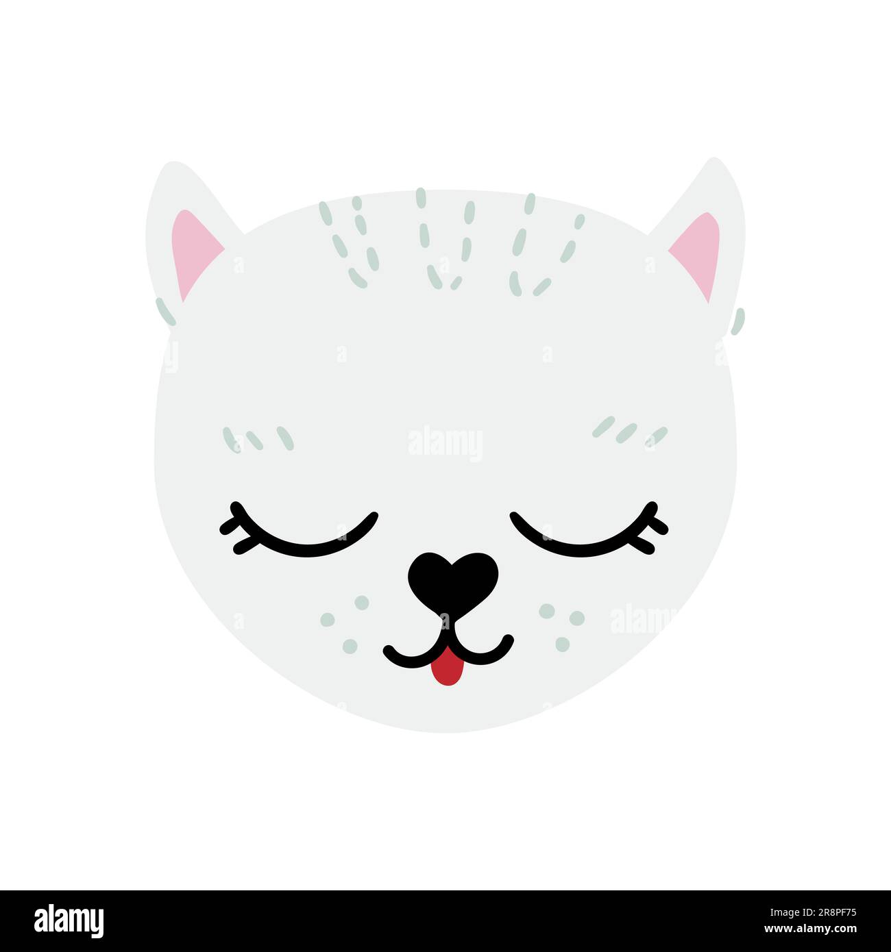 Cute hand drawn cat. White grey animal s face with nice elements, whiskers, closed eyes . Vector illustration isolated on white Stock Vector