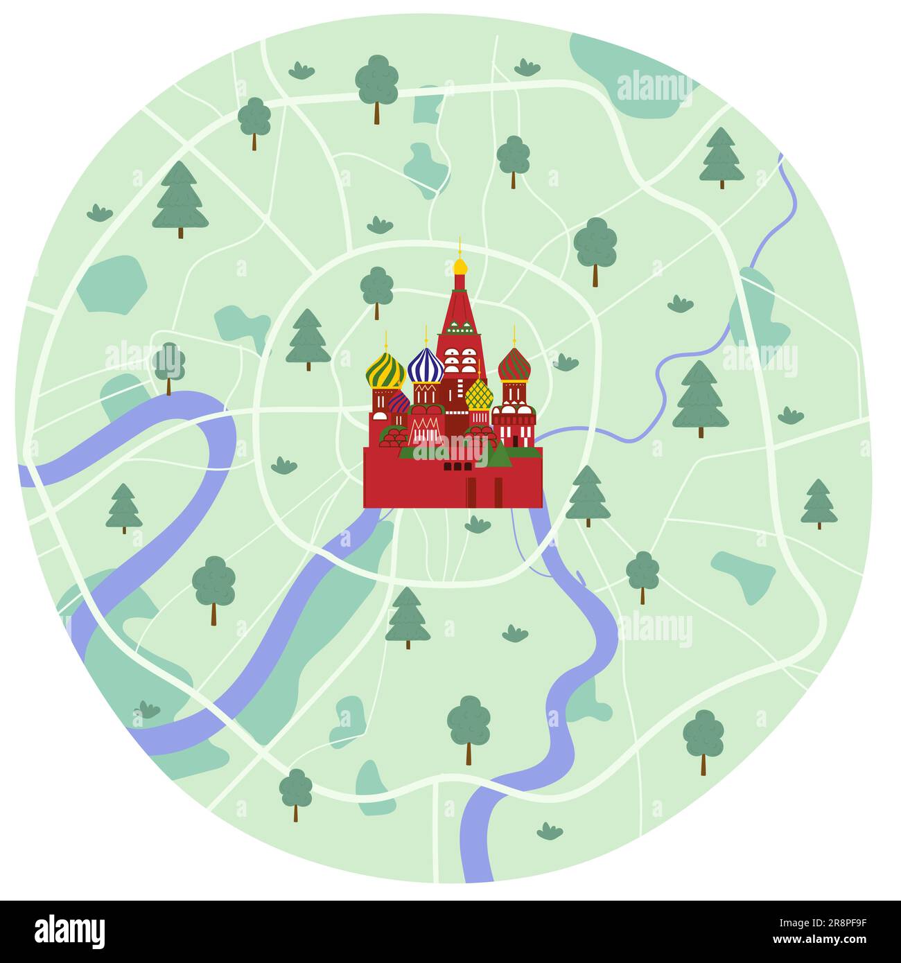 Moscow city center map with famous landmark St. Basil's Cathedral sketch style. Vector illustration isolated on white background Stock Vector