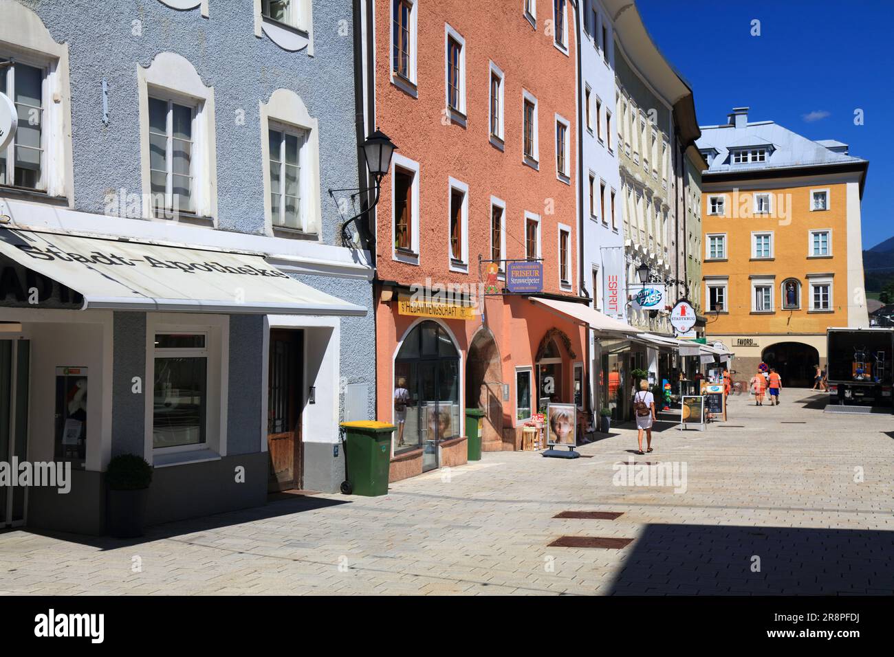 HALLEIN, AUSTRIA - AUGUST 4, 2022: People visit Old Town of Hallein in Salzburg State, Austria. Stock Photo