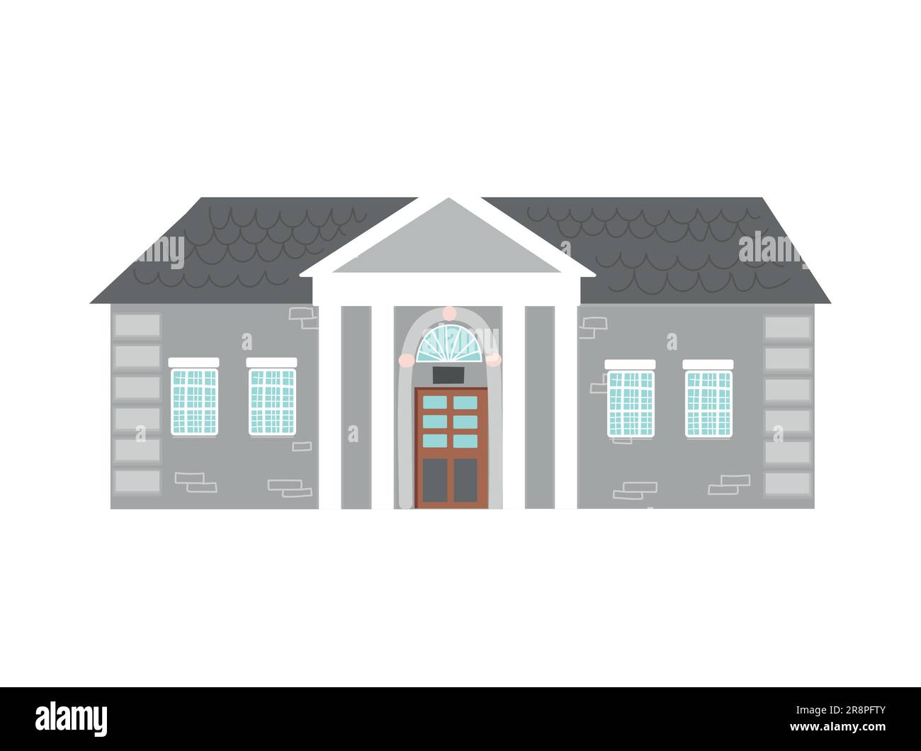 House exteriors icon. Residential town buildings architecture. Traditional home designs. Hand drawn real estate object with windows, doors and plants. Stock Vector