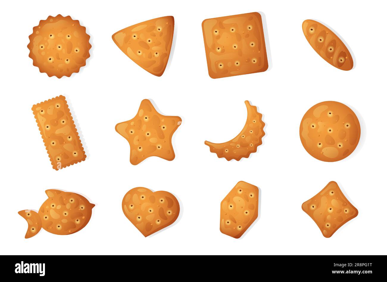 Cracker chips set. Cartoon sweet crispy snack crackers, traditional bakery sweet biscuit flat