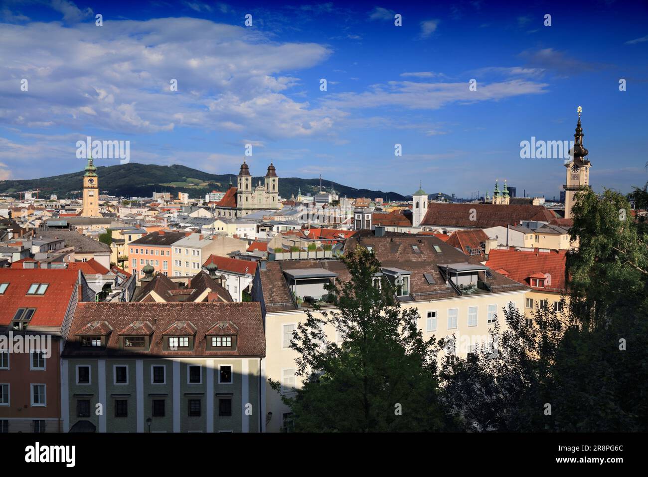 Linz city view in Austria. Cityscape with churches Stock Photo - Alamy