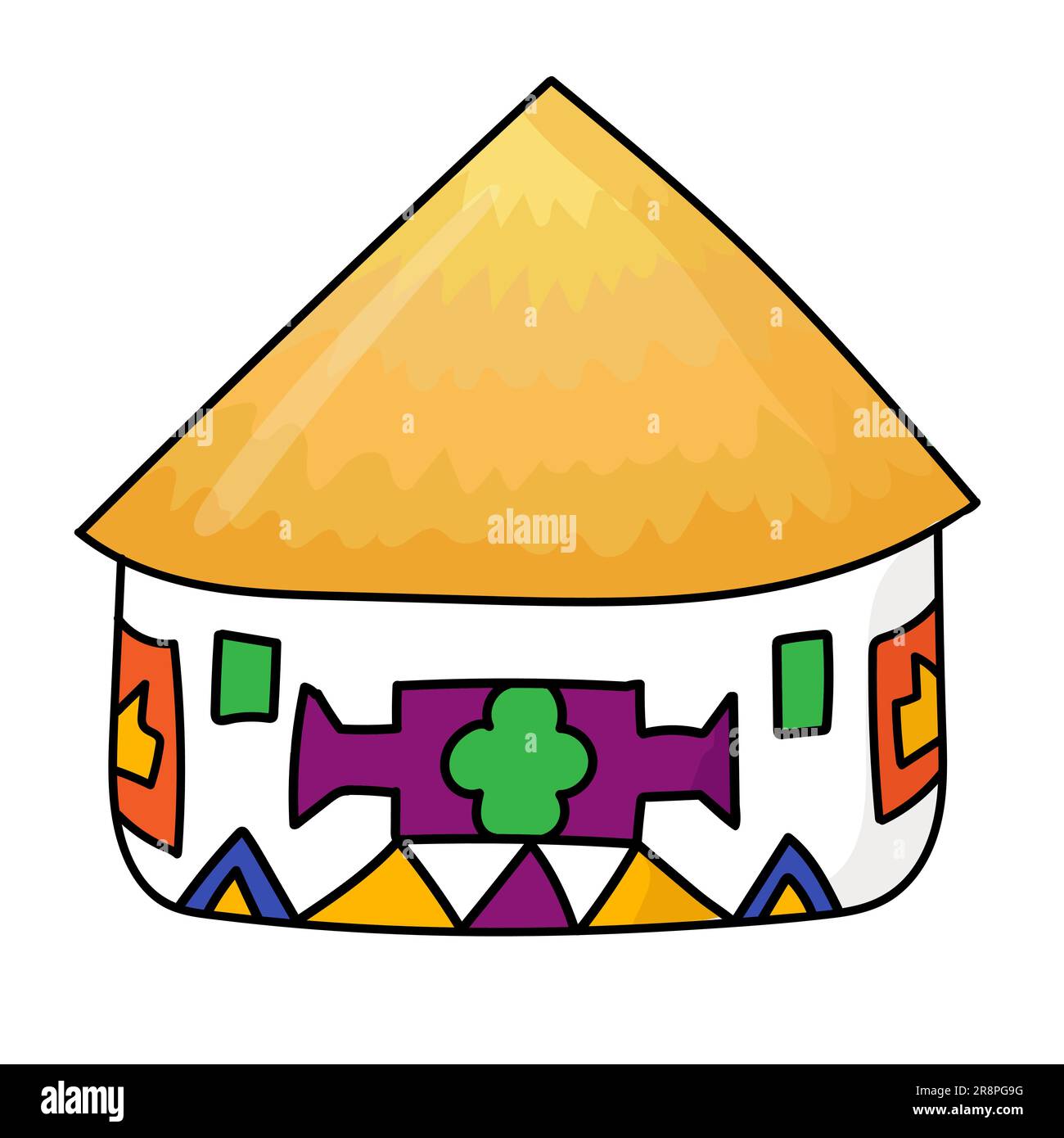 Hand drawn doodle african national hut. Ndebele tribal dwelling. Simple thatched roof and walls with ethnic patterns. Bright colored. Vector illustrat Stock Vector