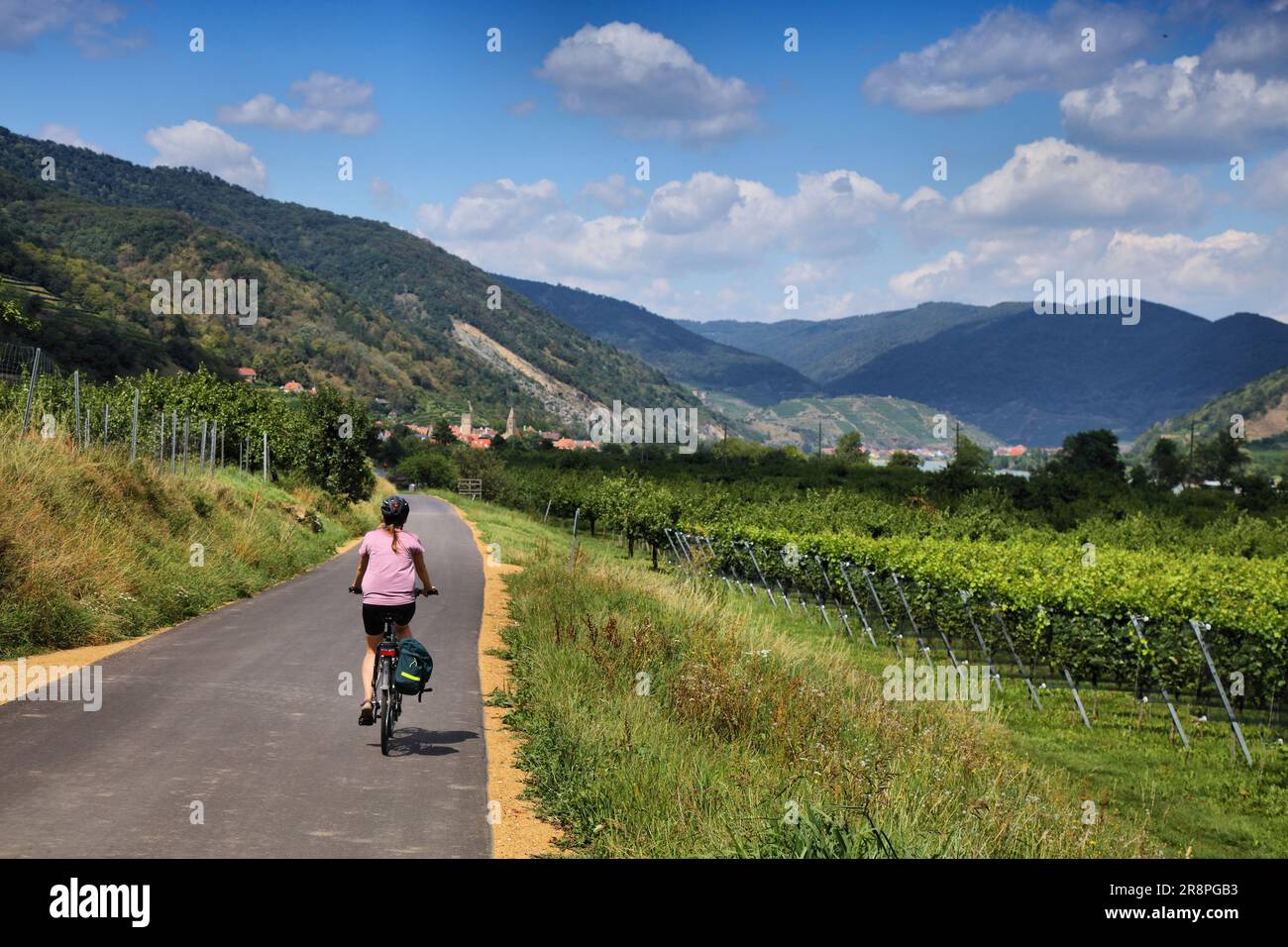 Danube Cycle Path (Donauradweg) in Wachau region. Long distance bicycle route in Austria. Stock Photo